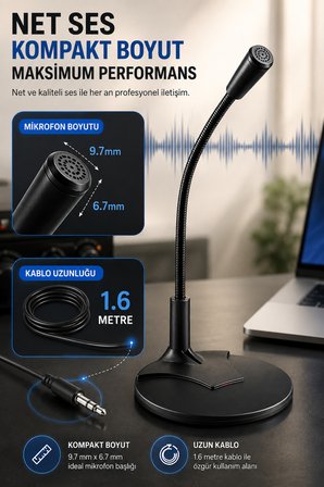 Gürültü Azaltıcı Siyah Masaüstü Bilgisayar Mikrofonu 3.5 mm Jack Esnek Boyunlu Oyun Toplantı Çoklu Kullanım