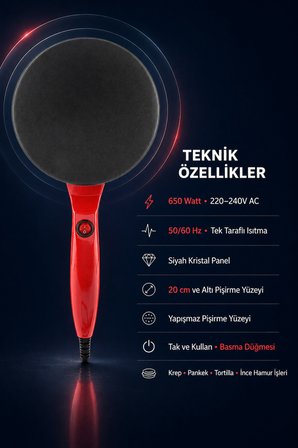 Elektrikli Krep Tavası 650 Watt 20 cm Yapışmaz Yüzey Pankek Gözleme Tortilla Makinesi Kolay Hızlı Yapım