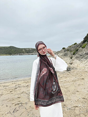 Kamer Scarf Modal Soft Serisi Etnik Desen Şal Bordo- Gri