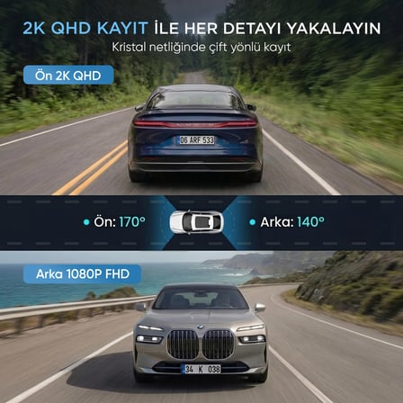 Juo C20 2K QHD Ön + FHD Arka 2 Kameralı WiFi GPS HDR Araç Kamerası Ekranlı 170° Geniş Açı Gece Görüş Araç içi Kamera