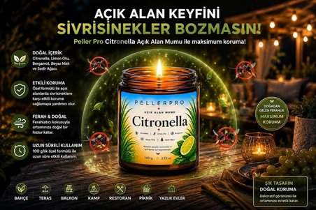 Sivrisinek Kovucu Açık Alanların Tercih Edilen Citronella& Limon Otu Mumu Bahçe ve Teras Mumu 100gr