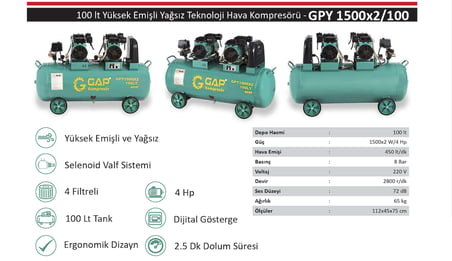 Gap Kompresör GPY1500x2-100 4 Hp 8 Bar 100 lt Sessiz Yağsız Kompresör