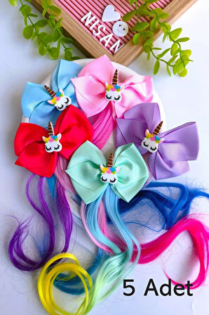 Kız Çocuk Kumaş Fiyonk Unicorn Yapay Saç Postiş 5 Adet