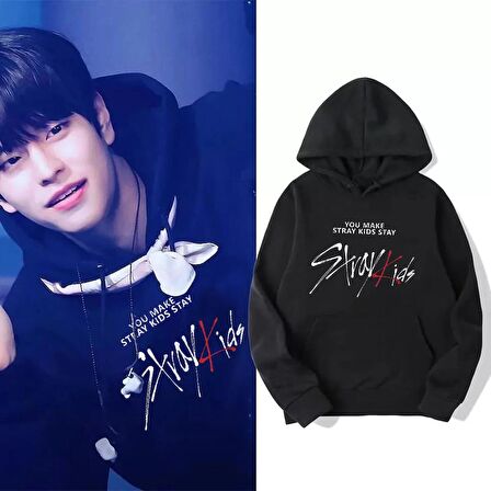 Siyah Stray Kids (Unisex) Kapüşonlu Sweatshirt