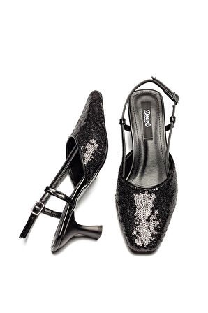 Kadın Siyah Renk Sivri Burun Pullu Kısa Topuklu Ayakkabı 1010