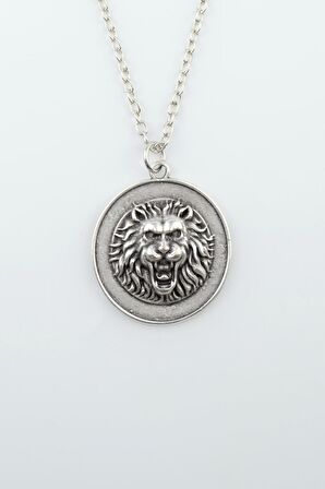 Aslan Kabartmalı Madalyon Erkek Kadın Kolye Antik Gümüş Kaplama - 60 cm Düz Zincir