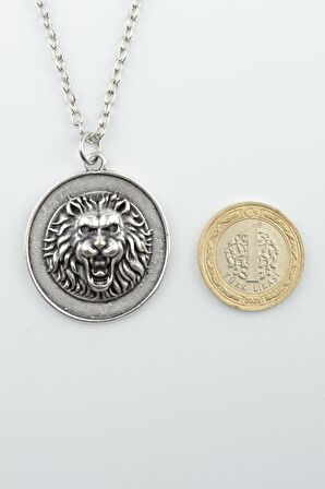 Aslan Kabartmalı Madalyon Erkek Kadın Kolye Antik Gümüş Kaplama - 60 cm Düz Zincir