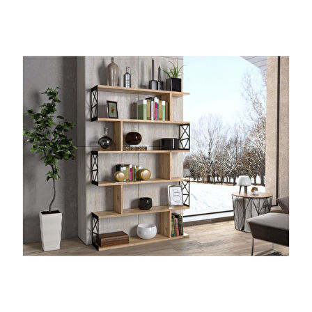 Wood'n Love Zambak 5 Raflı Altıgen Desen Kitaplık - Atlantik Çam / Siyah