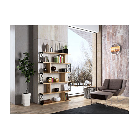 Wood'n Love Zambak 5 Raflı Altıgen Desen Kitaplık - Atlantik Çam / Siyah