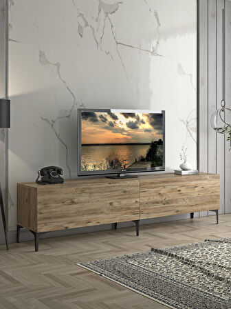 Wood'n Love Vega Premium 200 Cm Geniş Dolaplı Metal Ayaklı Tv Ünitesi - Atlantik Çam / Siyah