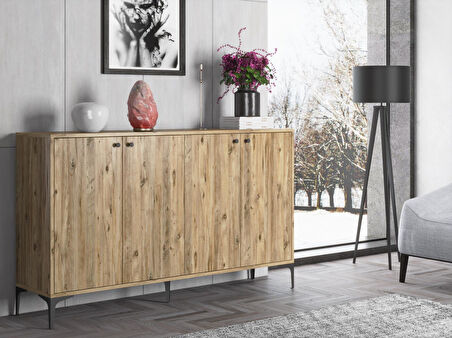 Wood'n Love Hestia 4 Kapaklı Metal Ayaklı 160 Cm Çok Amaçlı Dolap Konsol - Atlantik Çam / Siyah