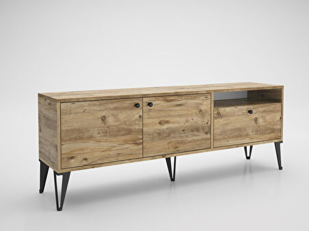 Wood'n Love Atoka 160 Cm Metal Ayaklı Dolaplı, Minifiks Bağlantı Tv Ünitesi - Atlantik Çam / Siyah