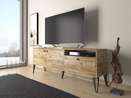 Wood'n Love Atoka 160 Cm Metal Ayaklı Dolaplı, Minifiks Bağlantı Tv Ünitesi - Atlantik Çam / Siyah