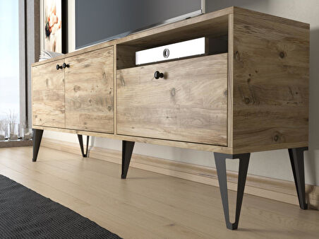 Wood'n Love Atoka 160 Cm Metal Ayaklı Dolaplı, Minifiks Bağlantı Tv Ünitesi - Atlantik Çam / Siyah