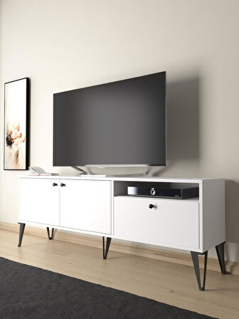 Wood'n Love Atoka 160 Cm Metal Ayaklı Dolaplı, Minifiks Bağlantı Tv Ünitesi - Beyaz / Siyah