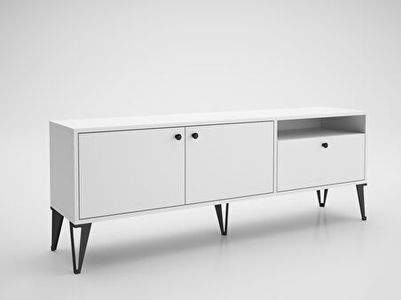 Wood'n Love Atoka 160 Cm Metal Ayaklı Dolaplı, Minifiks Bağlantı Tv Ünitesi - Beyaz / Siyah