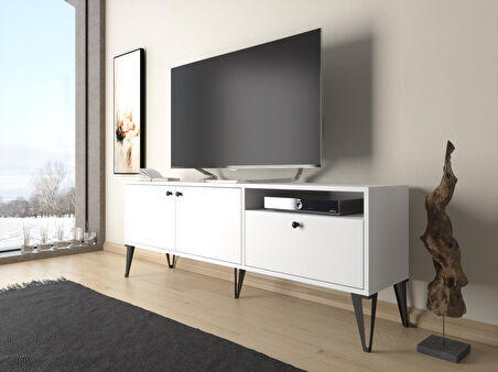 Wood'n Love Atoka 160 Cm Metal Ayaklı Dolaplı, Minifiks Bağlantı Tv Ünitesi - Beyaz / Siyah
