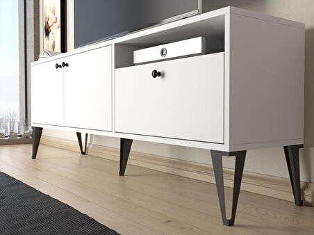 Wood'n Love Atoka 160 Cm Metal Ayaklı Dolaplı, Minifiks Bağlantı Tv Ünitesi - Beyaz / Siyah