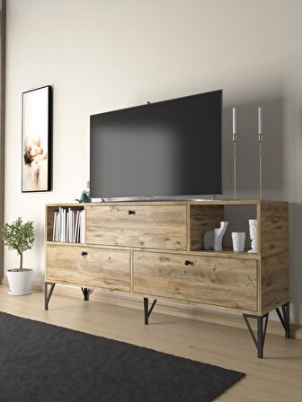 Wood'n Love Mia 160 Cm Metal Ayaklı Tv Ünitesi - Konsol - Atlantik Çam / Siyah