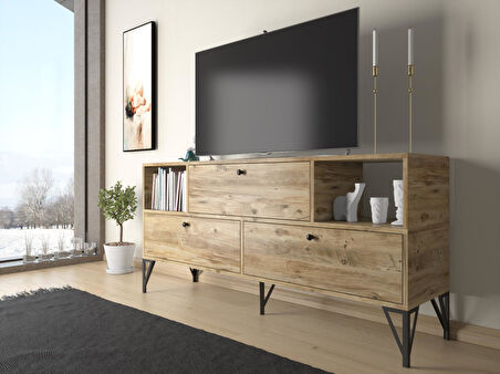 Wood'n Love Mia 160 Cm Metal Ayaklı Tv Ünitesi - Konsol - Atlantik Çam / Siyah