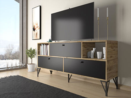 Wood'n Love Mia 160 Cm Metal Ayaklı Tv Ünitesi - Konsol - Atlantik Çam - Siyah / Siyah