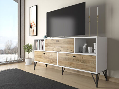 Wood'n Love Mia 160 Cm Metal Ayaklı Tv Ünitesi - Konsol - Beyaz - Atlantik Çam / Siyah