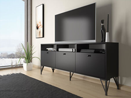 Wood'n Love Rhea 160 Cm Dolaplı, Minifiks Bağlantı, Geniş Tv Ünitesi - Konsol - Siyah / Siyah