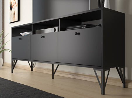 Wood'n Love Rhea 160 Cm Dolaplı, Minifiks Bağlantı, Geniş Tv Ünitesi - Konsol - Siyah / Siyah