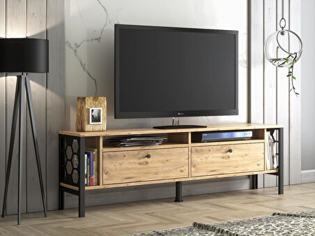 Wood'n Love Luna Metal Ayaklı Dolaplı 180 Cm Tv Geniş Ünitesi - Atlantik Çam / Siyah