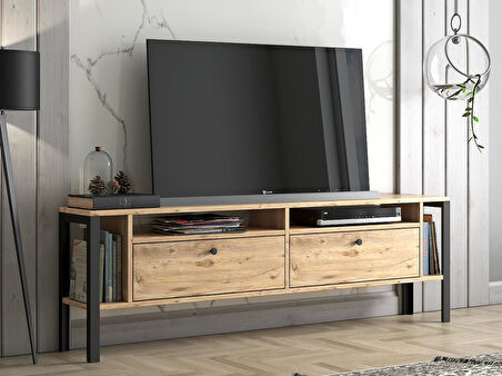 Wood'n Love Atlanta Metal Ayaklı Dolaplı 180 Cm Tv Geniş Ünitesi - Atlantik Çam / Siyah