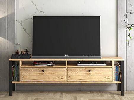 Wood'n Love Atlanta Metal Ayaklı Dolaplı 180 Cm Tv Geniş Ünitesi - Atlantik Çam / Siyah