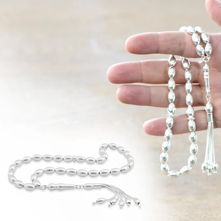 Dört Püsküllü Arpa Kesim 925 Ayar Gümüş Tesbih