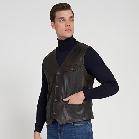 Desa Allan Kahve Erkek Vintage Deri Yelek