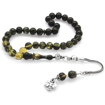 925 Ayar Gümüş Püsküllü Küre Kesim Bilek Boy Süzme Beyaz-Siyah Ateş Kehribar Tesbih