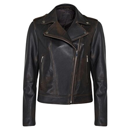 Benvolio Kahve Kadın Vintage Biker Deri Ceket