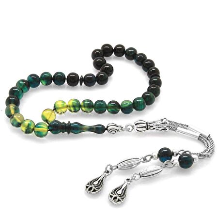 Kararmaz Metal Püsküllü Küre Kesim Bilek Boy Süzme Mavi-Beyaz Ateş Kehribar Tesbih