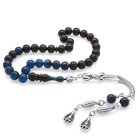 Kararmaz Metal Püsküllü Küre Kesim Bilek Boy Süzme Mavi-Siyah Sıkma Kehribar Tesbih