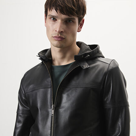 Selino Siyah Erkek Kapüşonlü Deri Mont