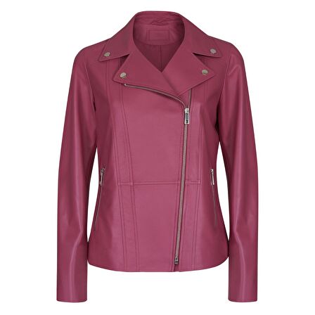 Rania Fuşya Kadın Vintage Deri Biker Ceket