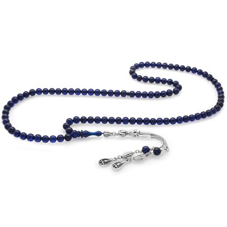 Kararmaz Metal Su Damlası Püsküllü Küre Kesim Lacivert Sıkma Kehribar 99luk Tesbih