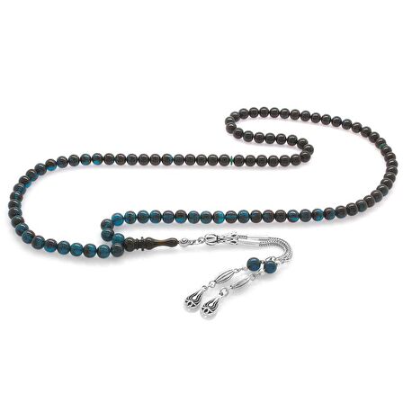 Tesbihane -  Kararmaz Metal Su Damlası Püsküllü Küre Kesim Süzme Turkuaz-Siyah Ateş Kehribar 99luk Tesbih