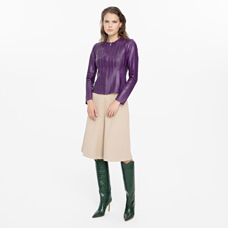 Deundria Mor Kadın Fit Panelli Deri Ceket