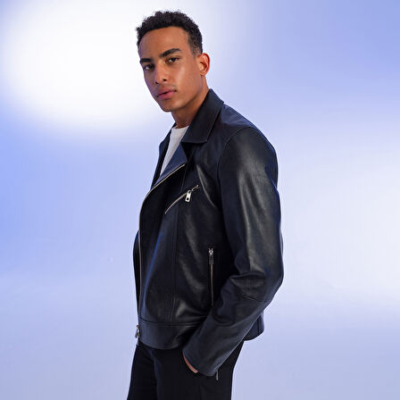 Santo Siyah Erkek Deri Biker Ceket