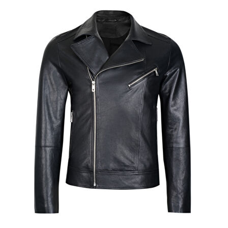Santo Siyah Erkek Deri Biker Ceket