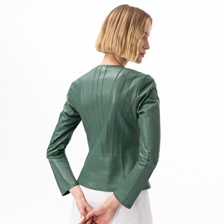 Deundria Yeşil Kadın Fit Panelli Deri Ceket