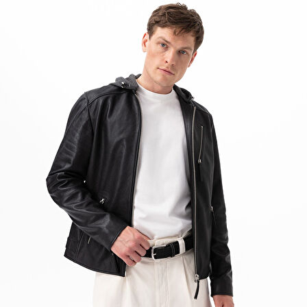 Aimone Siyah Erkek Kapüşonlu Deri Ceket