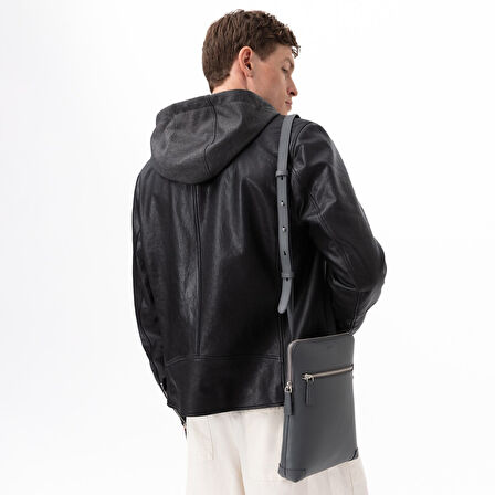 Aimone Siyah Erkek Kapüşonlu Deri Ceket
