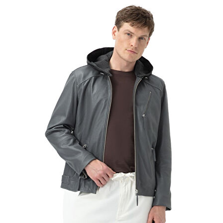 Aimone Gri Erkek Kapüşonlu Deri Ceket