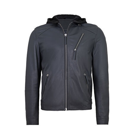 Aimone Gri Erkek Kapüşonlu Deri Ceket