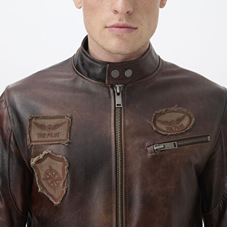 Kahve Erkek Vintage Deri Biker Ceket